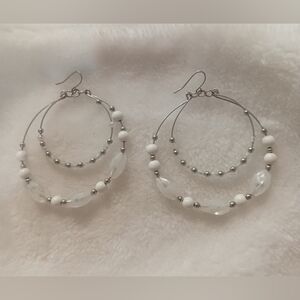 Elegant Silver Toned and White Hoop Earrings